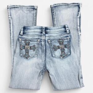 Fire & Rain Light Blue Denim Turquuoise Rhinestone Cross High-Rise Bootcut Jeans